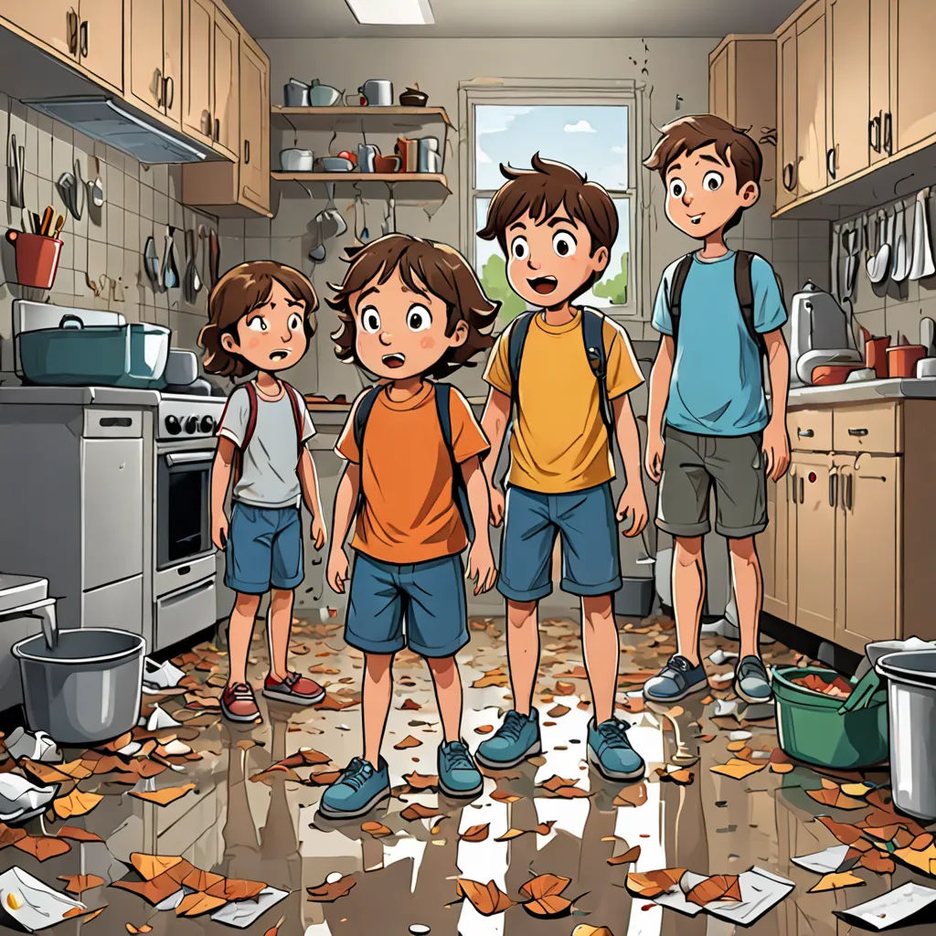 a group of kids standing in a messy kitchen with leaves on the floor and a stove top oven in the background, auto-destructive art, a comic book panel, Diego Gisbert Llorens, official art