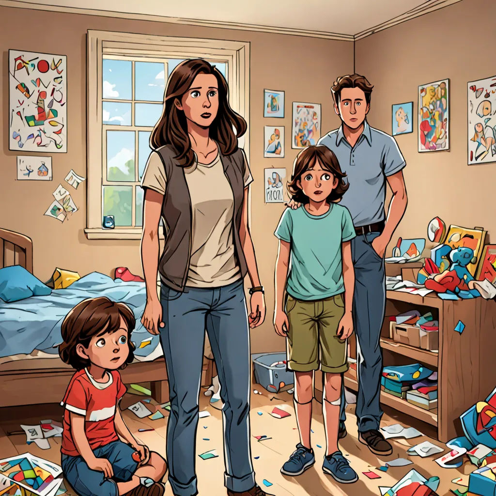a family standing in a messy room with a messy bed and messy flooring on the floor and a messy room with a messy bed and messy with toys, american scene painting, a storybook illustration, Diego Gisbert Llorens, comic cover art