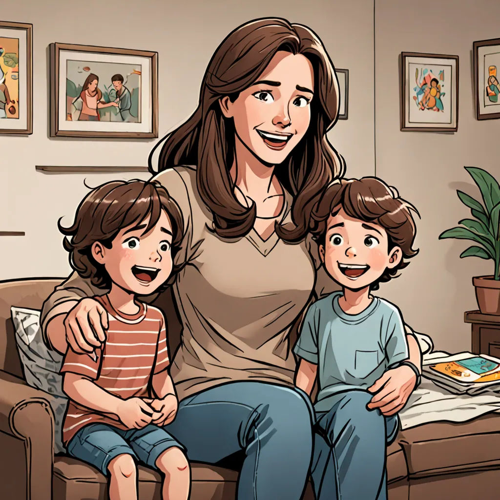 a woman and two children sitting on a couch in a living room with pictures on the wall behind them, lyco art, a storybook illustration, Diego Gisbert Llorens, storybook illustration