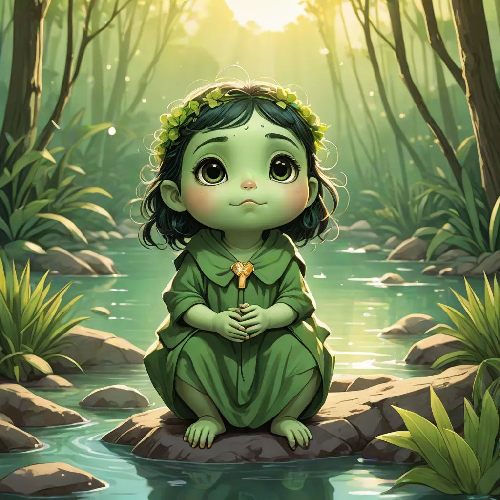 a cartoon character sitting on a rock in a forest with a stream of water and trees in the background, magic the gathering artwork, fantasy art, a storybook illustration, Brom