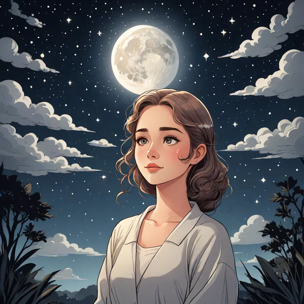 a woman with a white shirt and a full moon in the background is looking at the sky and clouds, trending on art station, space art, a character portrait, Atey Ghailan