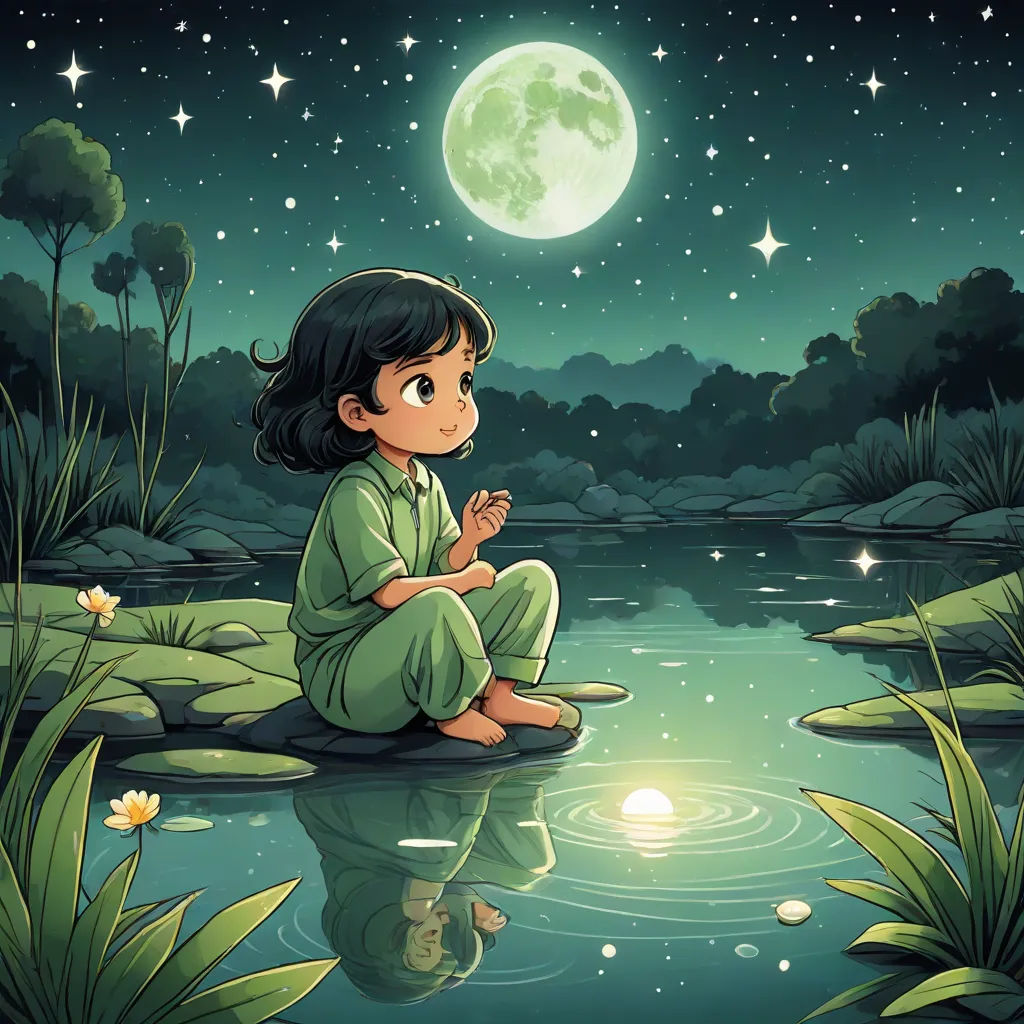 a girl sitting on a rock in the water at night with a full moon in the background and stars in the sky, storybook illustration, space art, a storybook illustration, Cliff Childs