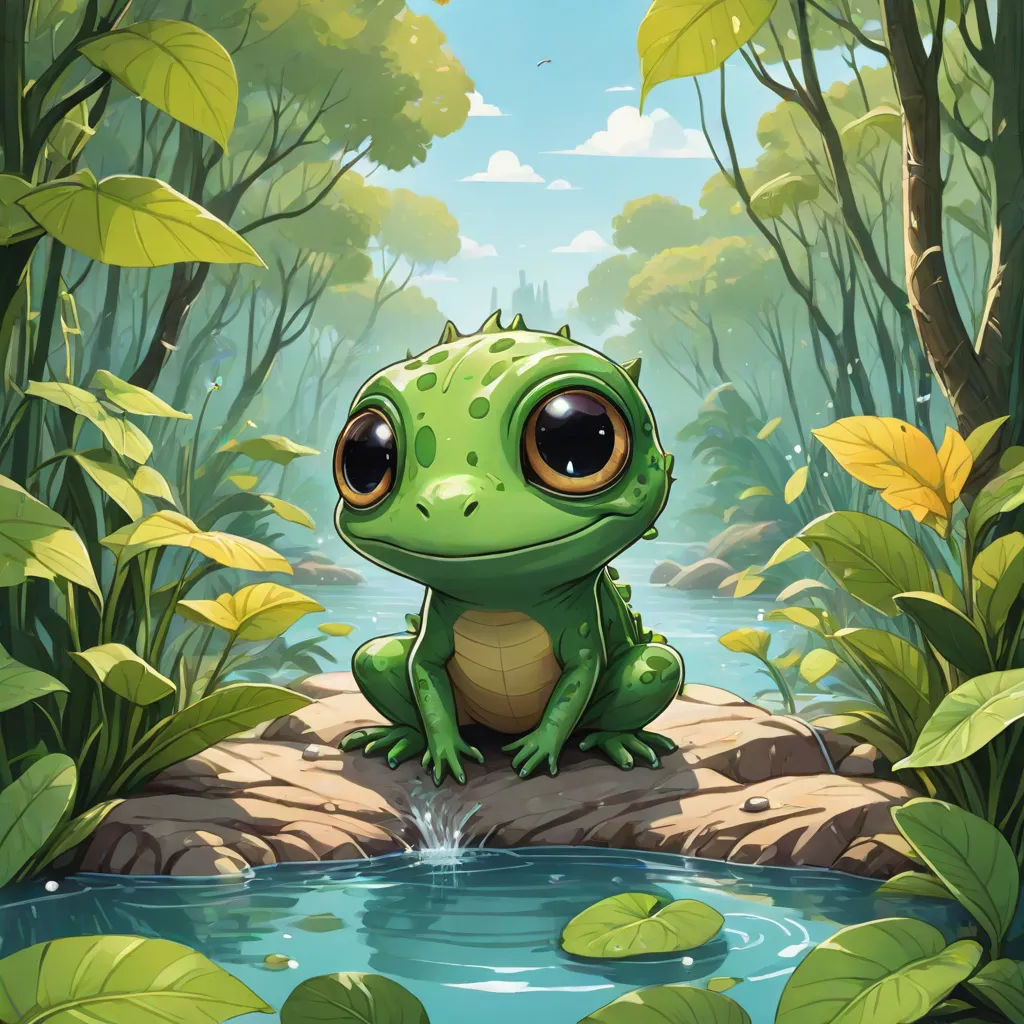 a frog sitting on a rock in a forest by a pond of water with lily pads and green leaves, magic the gathering artwork, fantasy art, a storybook illustration, Chris LaBrooy