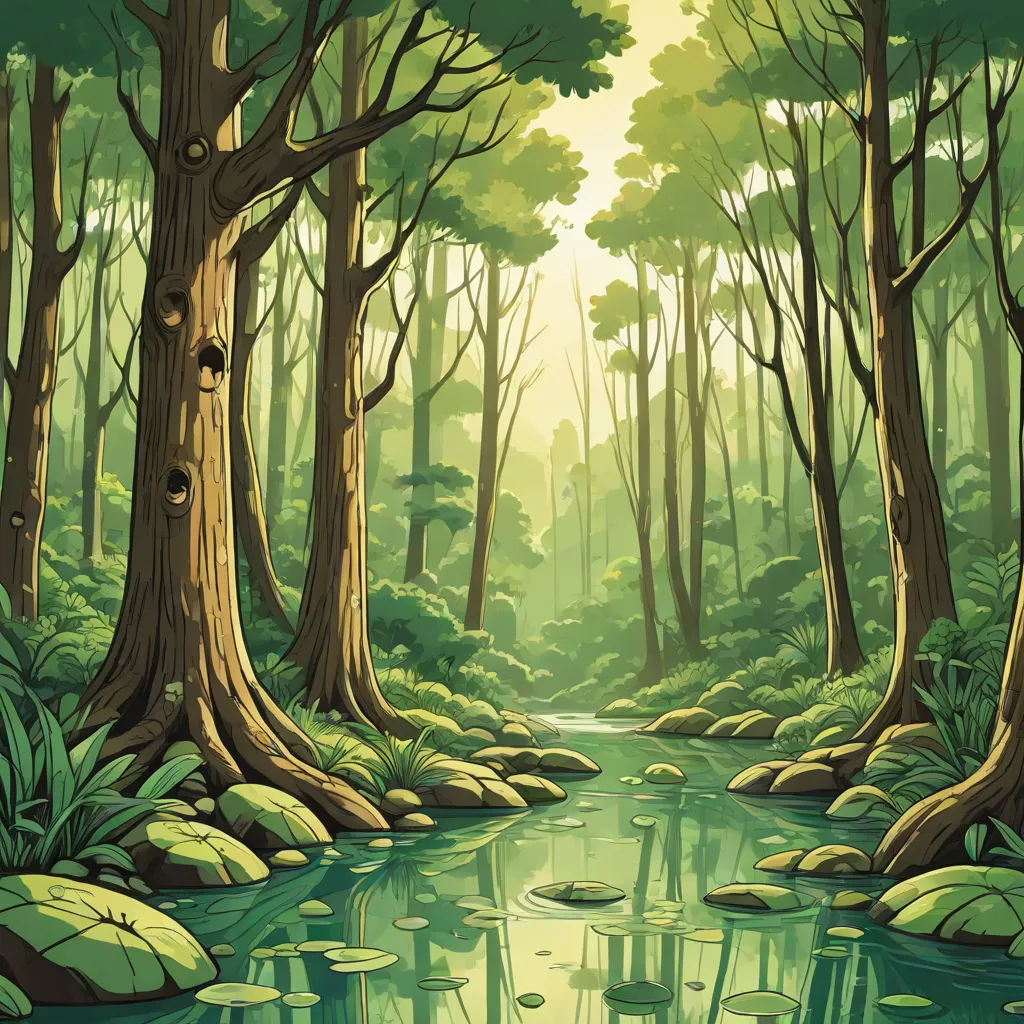 a painting of a river in a forest with trees and rocks in the water and a sunbeam in the background, forest, environmental art, a detailed matte painting, Dan Mumford