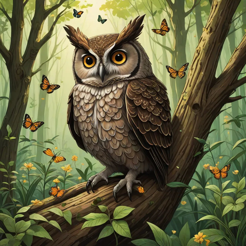 a painting of an owl sitting on a branch in a forest with butterflies flying around it and a butterfly - like creature in the background, magic the gathering artwork, fantasy art, a storybook illustration, Dan Mumford