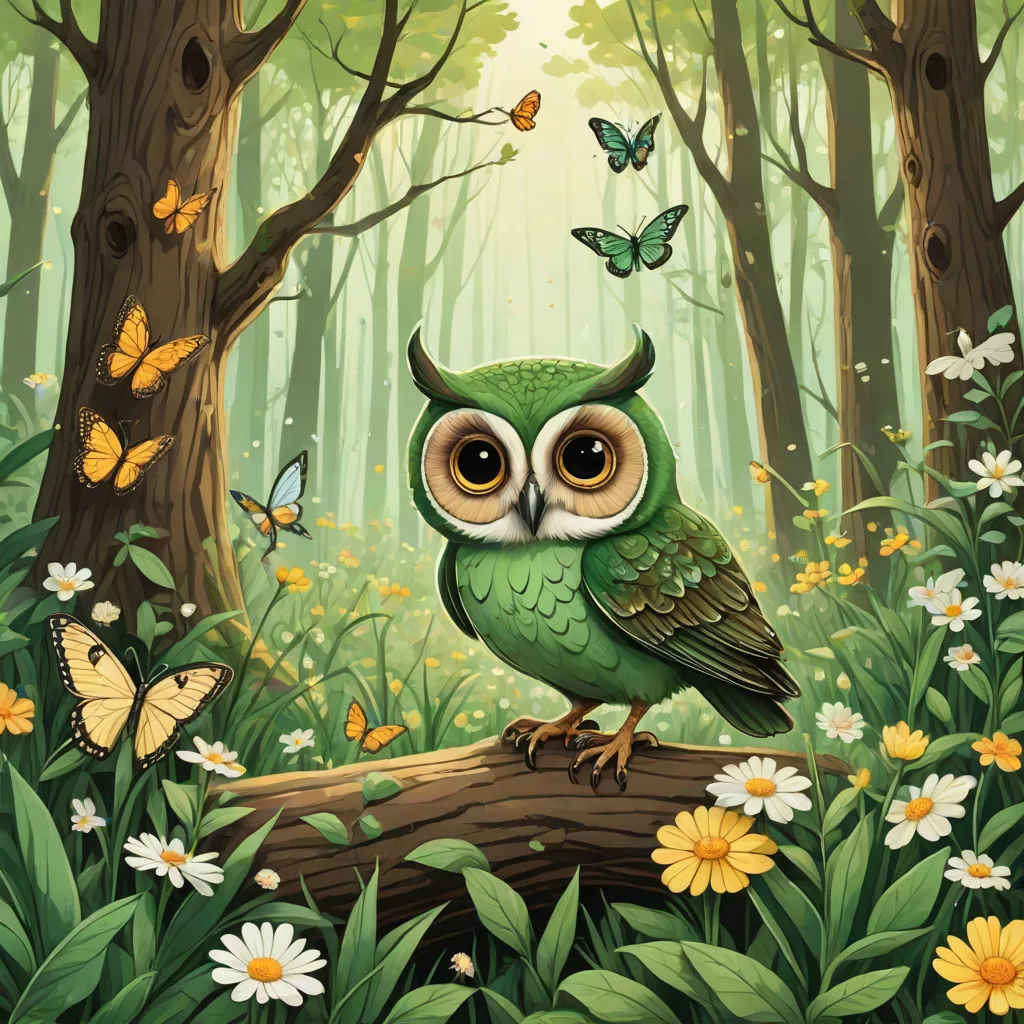 a green owl sitting on a log in a forest with butterflies and flowers around it, with a butterfly in the background, storybook illustration, fantasy art, a storybook illustration, Chris LaBrooy