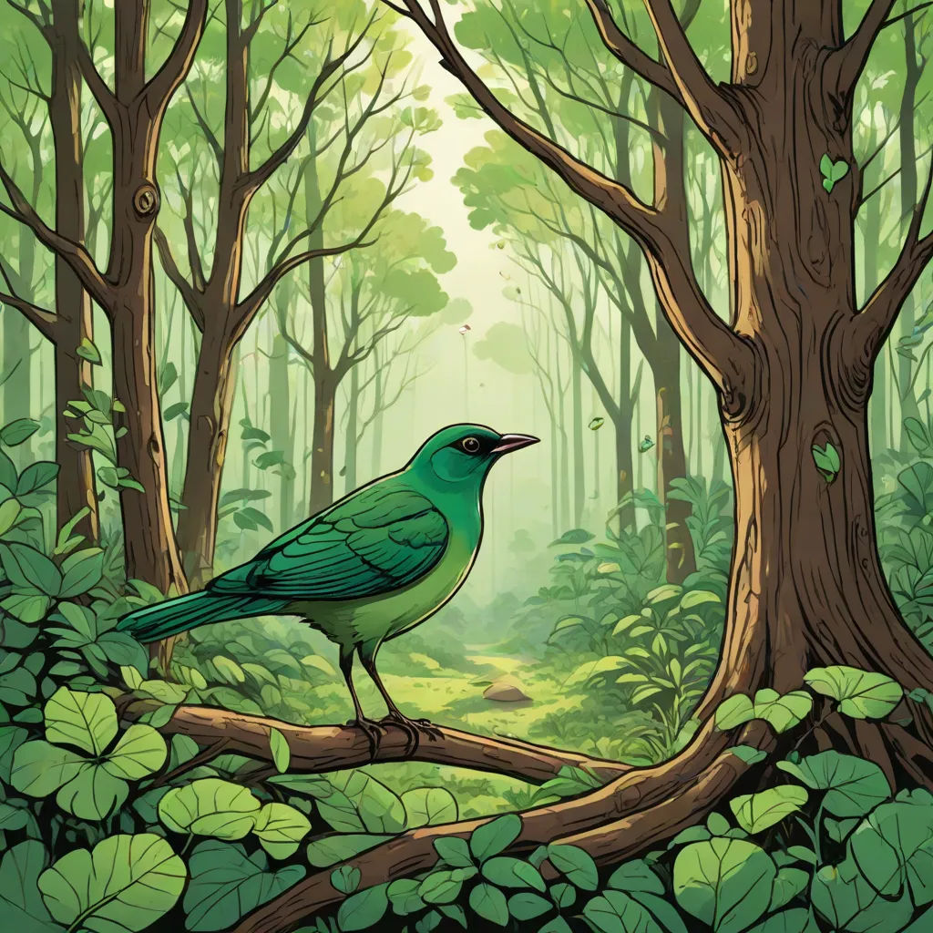 a bird sitting on a branch in a forest with green leaves and trees around it, with a green background, josan gonzales and dan mumford, naturalism, a storybook illustration, Dan Mumford