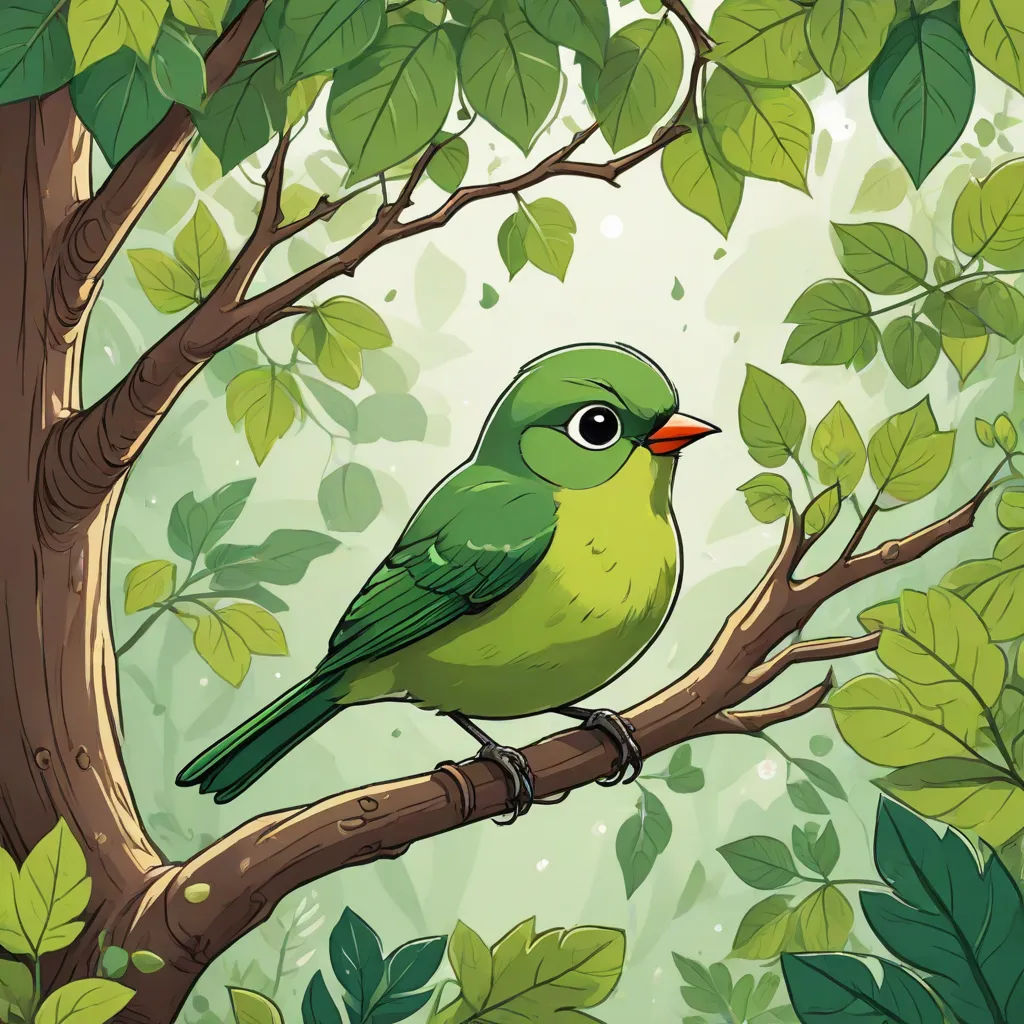 a green bird perched on a branch of a tree with leaves around it and a sky background with a sun, birds, environmental art, a storybook illustration, Chris LaBrooy