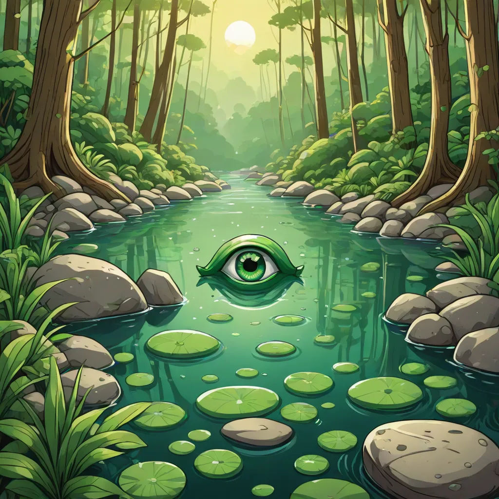 a green eye is in the middle of a river surrounded by rocks and trees with green leaves on the ground, 2 d game art, environmental art, concept art, Chris LaBrooy