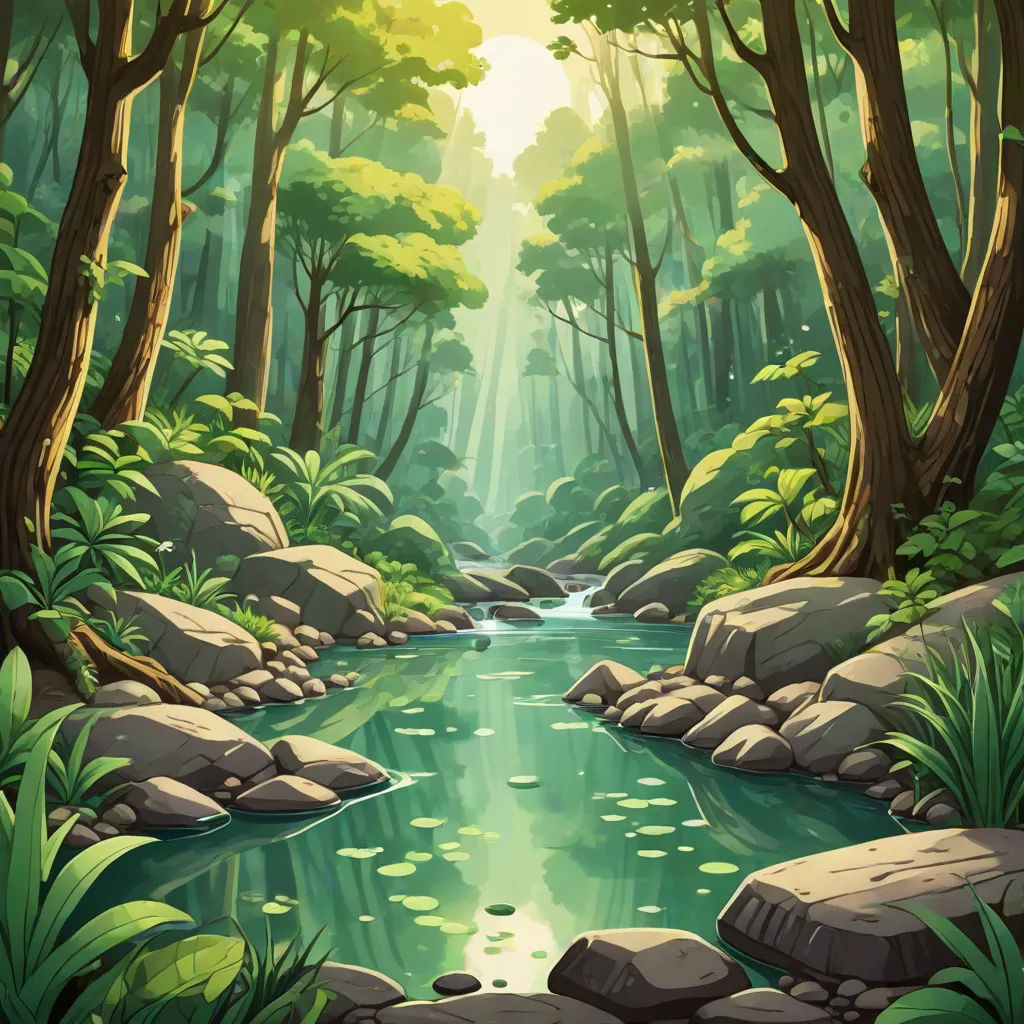 a river in a forest with rocks and trees on the sides of it and a sunbeam in the background, forest, environmental art, a detailed matte painting, Chris LaBrooy