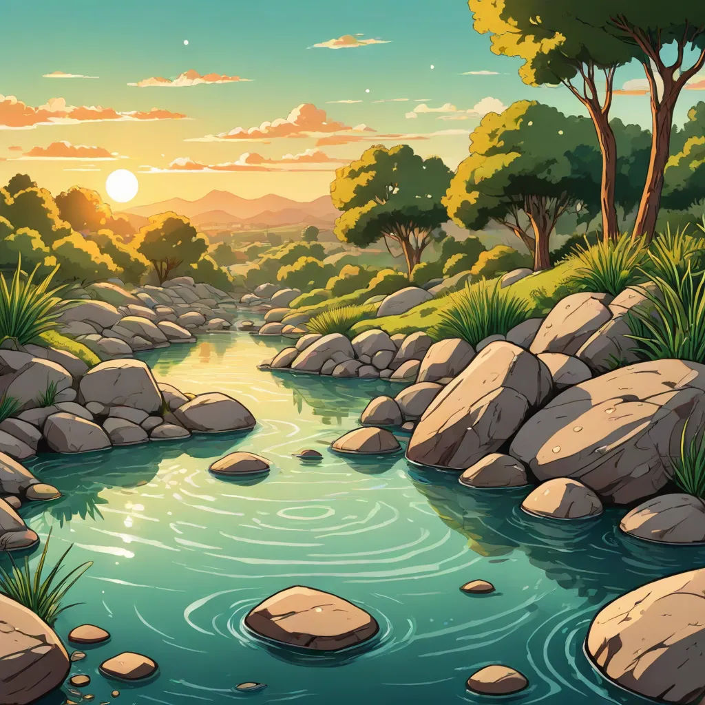 a river flowing through a lush green forest under a sunset sky with rocks and grass on both sides of the river, nature, environmental art, a detailed matte painting, Dan Mumford