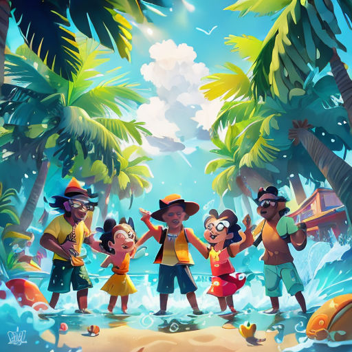 a group of people standing on top of a beach next to palm trees and a body of water with a boat