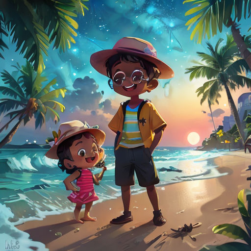 a boy and girl standing on a beach with palm trees and a star filled sky in the background, with a star filled sky and clouds