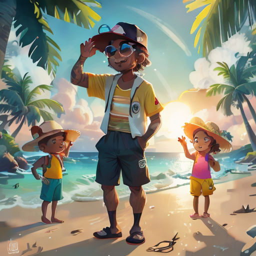 a man and two children on a beach with palm trees and the sun shining through the clouds in the background