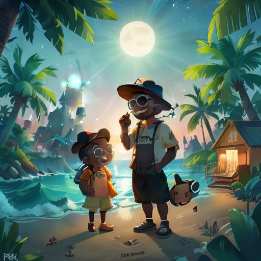 a man and a little girl standing in front of a forest with a full moon in the background and a small hut with a lantern in the foreground