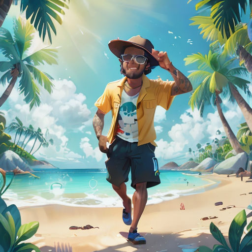 a man in a hat and sunglasses running on a beach with palm trees and a blue sky in the background