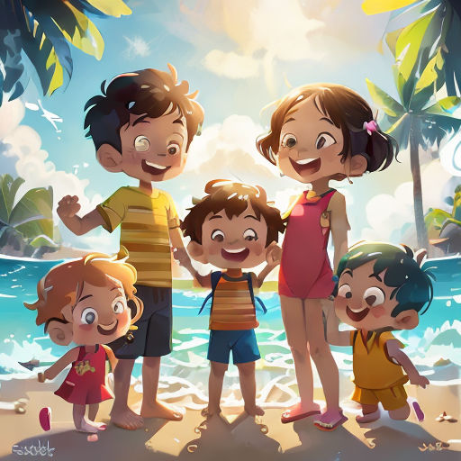 a family of five standing on a beach with palm trees in the background and a blue sky in the background