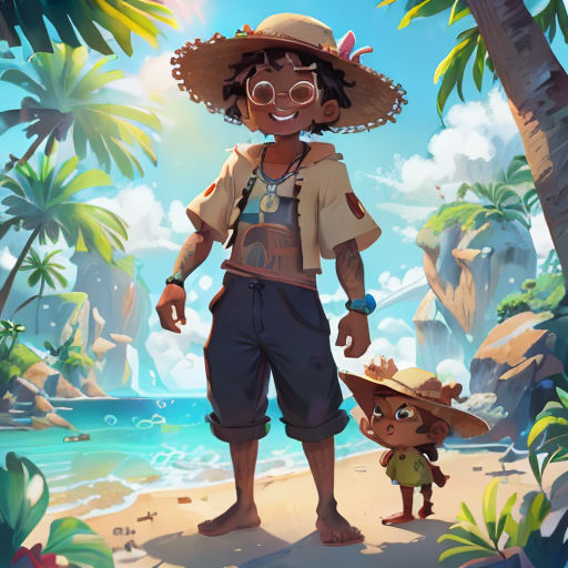 a man in a hat and glasses standing on a beach next to a child in a hat and sunglasses