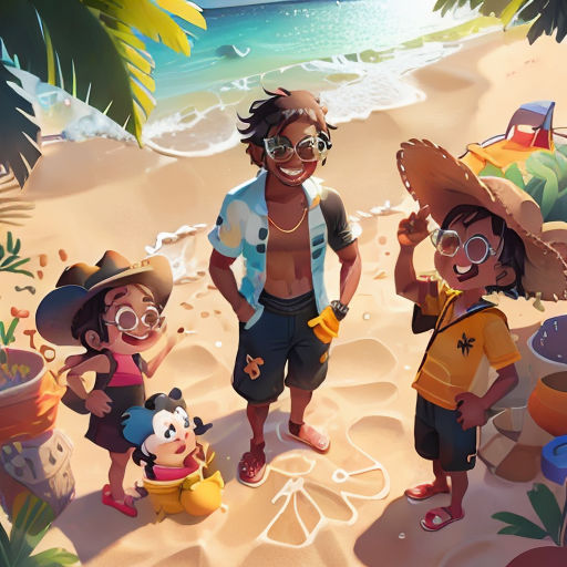 a group of people standing on top of a sandy beach next to the ocean with a cartoon character on the beach