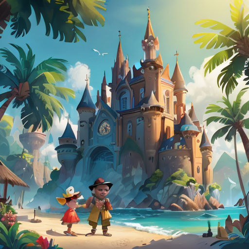 a cartoon of a boy and a girl standing in front of a castle on a beach with palm trees