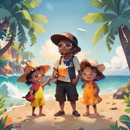 a family of three standing on a beach next to the ocean with a drink in their hand and a hat on