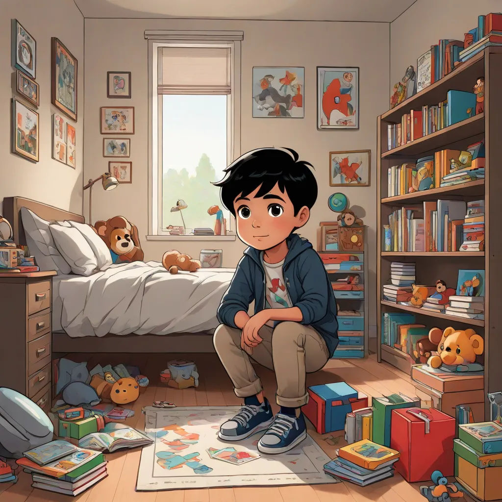 a boy sitting on the floor in a bedroom with toys and books on the floor and a bed in the background, photorealism, a comic book panel, Diego Gisbert Llorens, official art