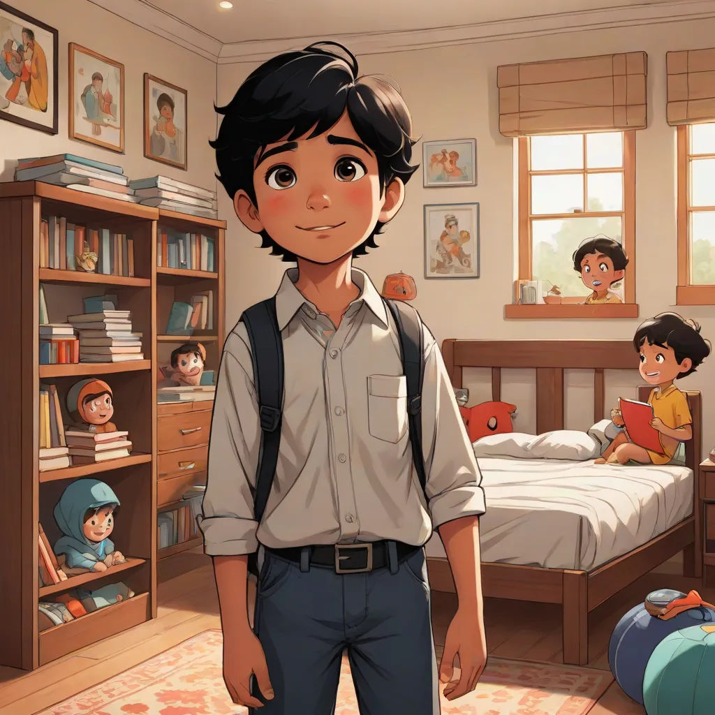 a boy standing in a bedroom with a bookcase and a bed in the background and a book case with children in the room, photorealism, a storybook illustration, Diego Gisbert Llorens, rossdraws global illumination