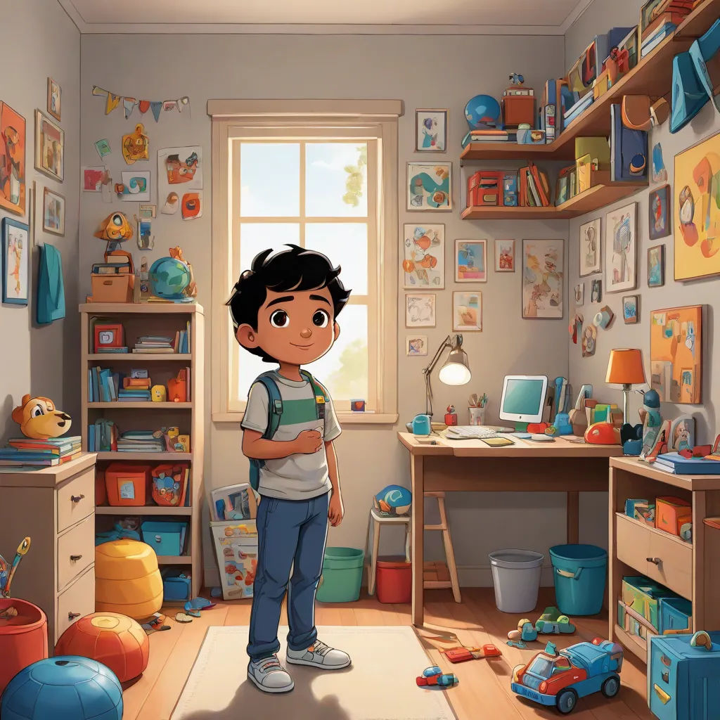 a boy standing in a room with toys and a desk in the background with a window and a book shelf, photorealism, poster art, Chris LaBrooy, official art