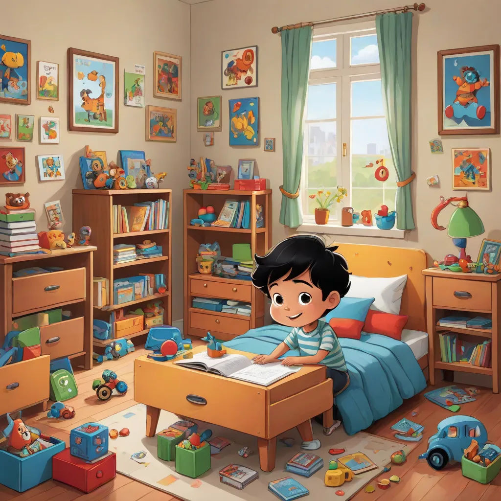 a boy is reading a book in his bedroom with toys all around him and a teddy bear on the bed, lyco art, a storybook illustration, Diego Gisbert Llorens, official art