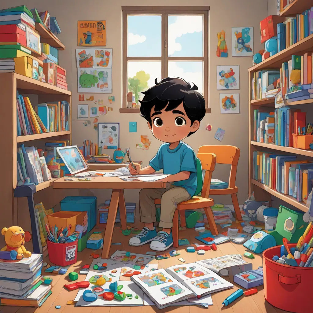a boy is sitting at a desk in a room full of books and toys and a teddy bear is on the floor, art & language, poster art, Chris LaBrooy, official art