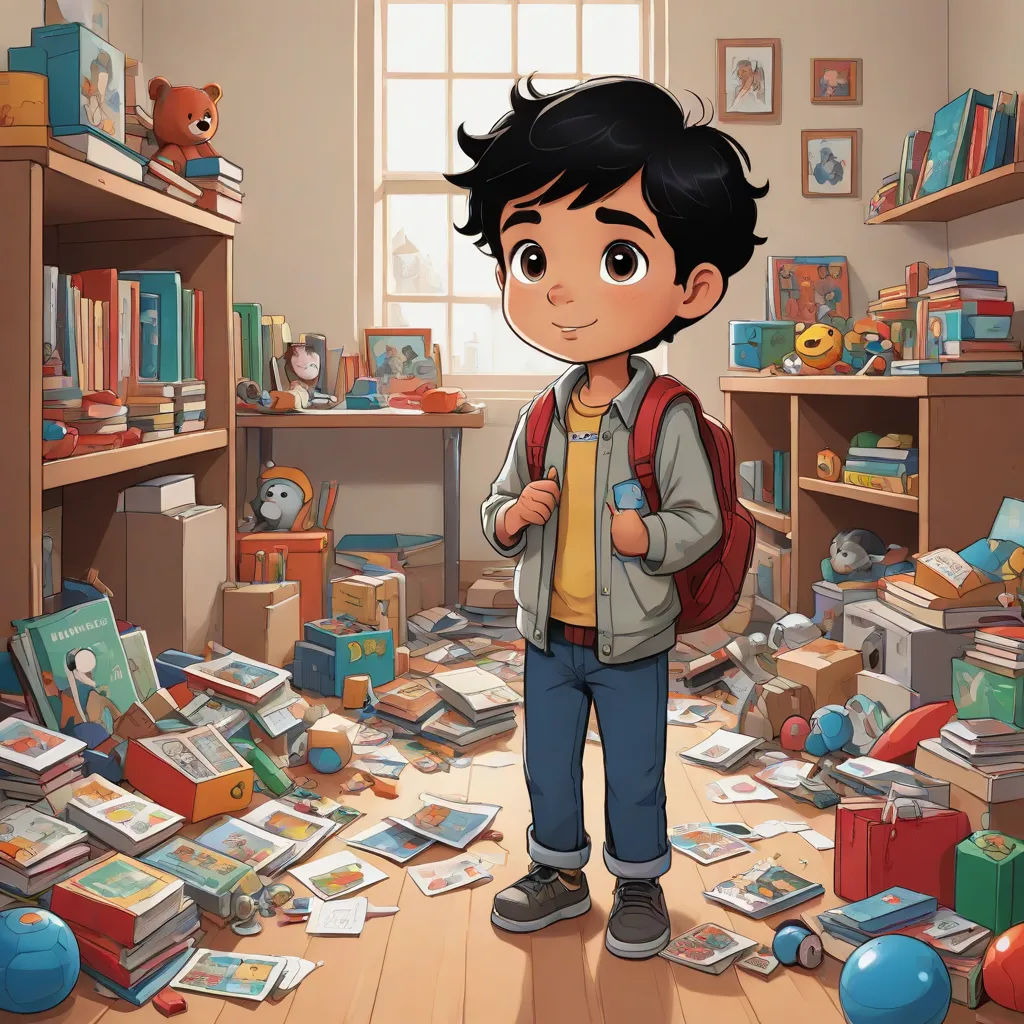 a boy standing in a messy room with books scattered all around him and a teddy bear on the floor, process art, a storybook illustration, Chris LaBrooy, official art