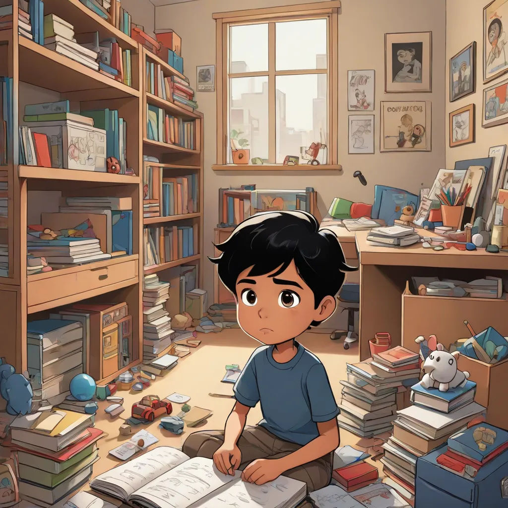 a boy sitting on the floor in front of a book shelf filled with books and a pile of books, photorealism, a storybook illustration, Chris LaBrooy, official art