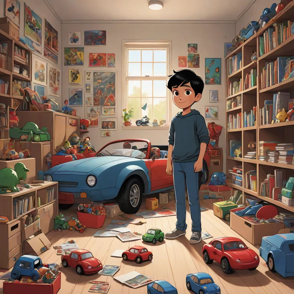 a boy standing in a room with toys and a car in the background and a bookcase full of books, photorealism, a storybook illustration, Chris LaBrooy, official art