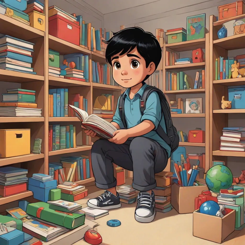 a boy sitting on the floor reading a book in a library with many bookshelves and boxes of books, photorealism, a storybook illustration, Diego Gisbert Llorens, storybook illustration
