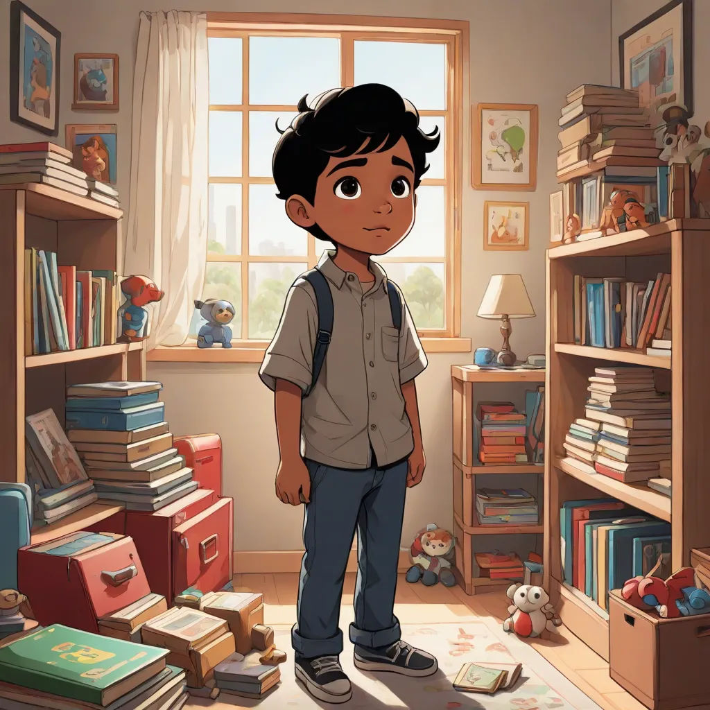 a boy standing in a room with a bookcase full of books and a teddy bear on the floor, photorealism, a storybook illustration, Chris LaBrooy, pixar and disney animation