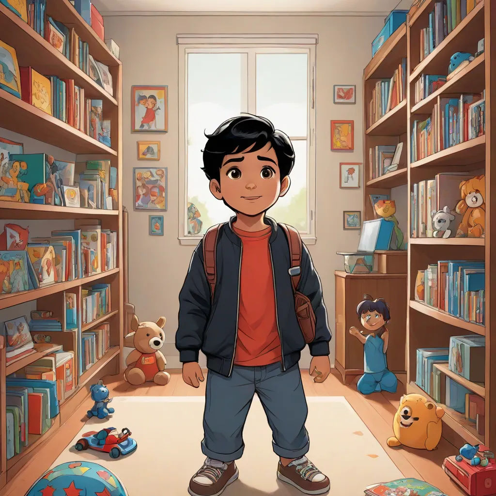 a boy standing in a room with bookshelves and stuffed animals on the floor and a window with a view of the room, photorealism, poster art, Chris LaBrooy, official art