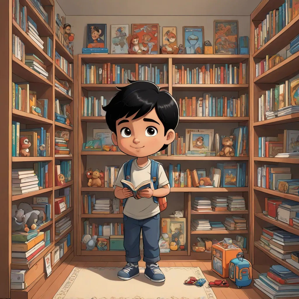 a boy standing in a library reading a book with a stuffed animal on the floor next to him and a bookcase full of books, photorealism, a storybook illustration, Diego Gisbert Llorens, storybook illustration