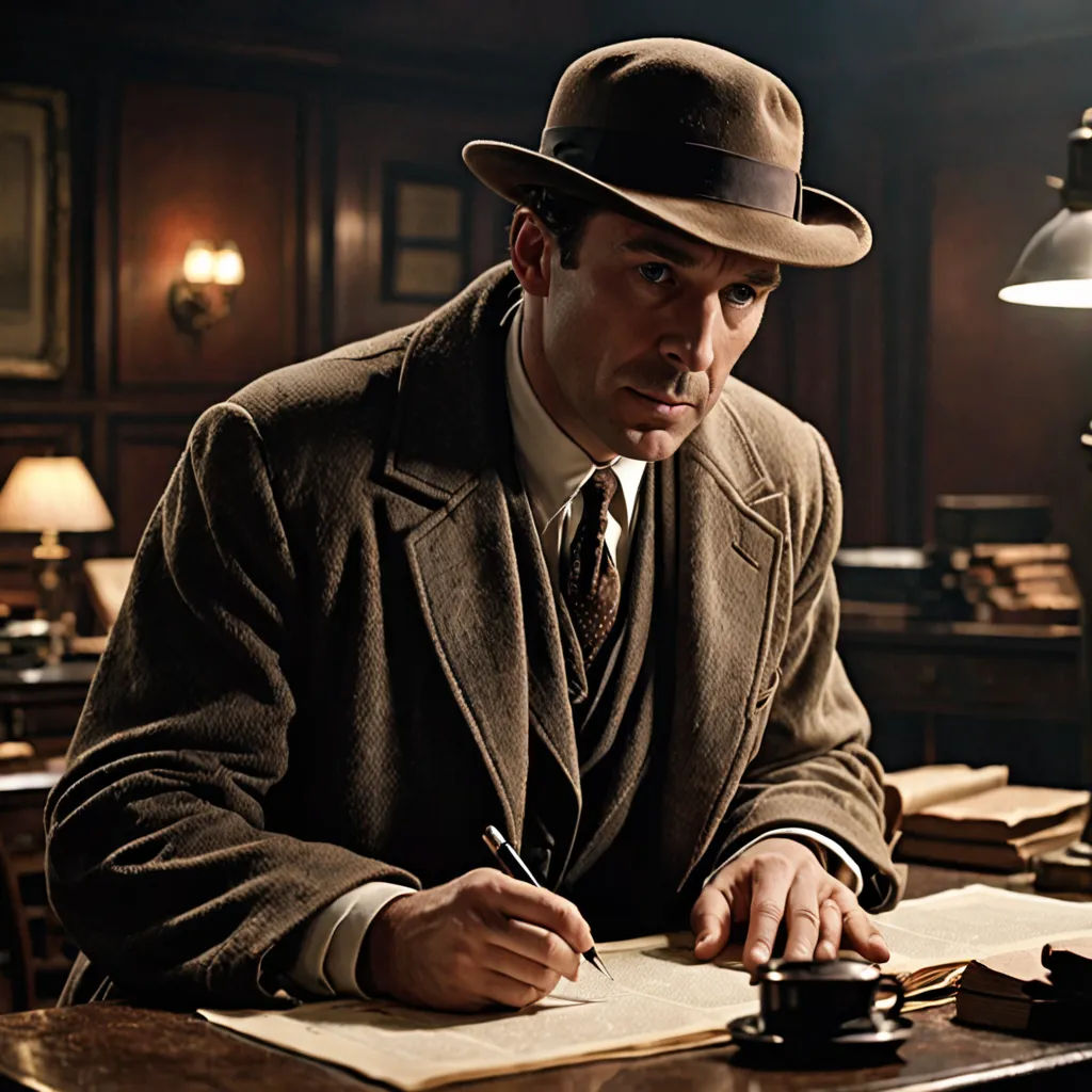 a man in a suit and hat sitting at a desk writing on a piece of paper with a lamp on the side, arts and crafts movement, a colorized photo, Eugene Montgomery, promotional image