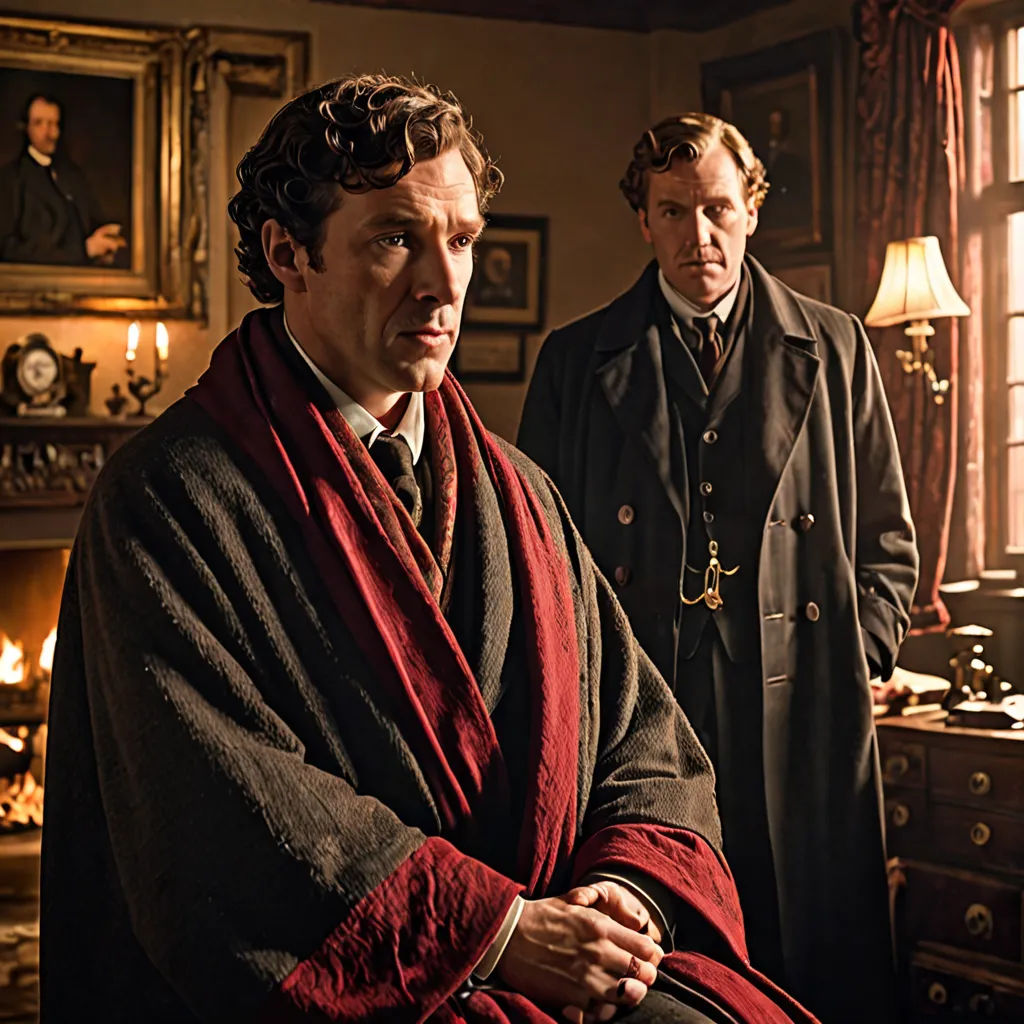 a man in a robe and a man in a coat in a room with a fireplace and a painting, pre-raphaelitism, a poster, David Brewster, promotional image
