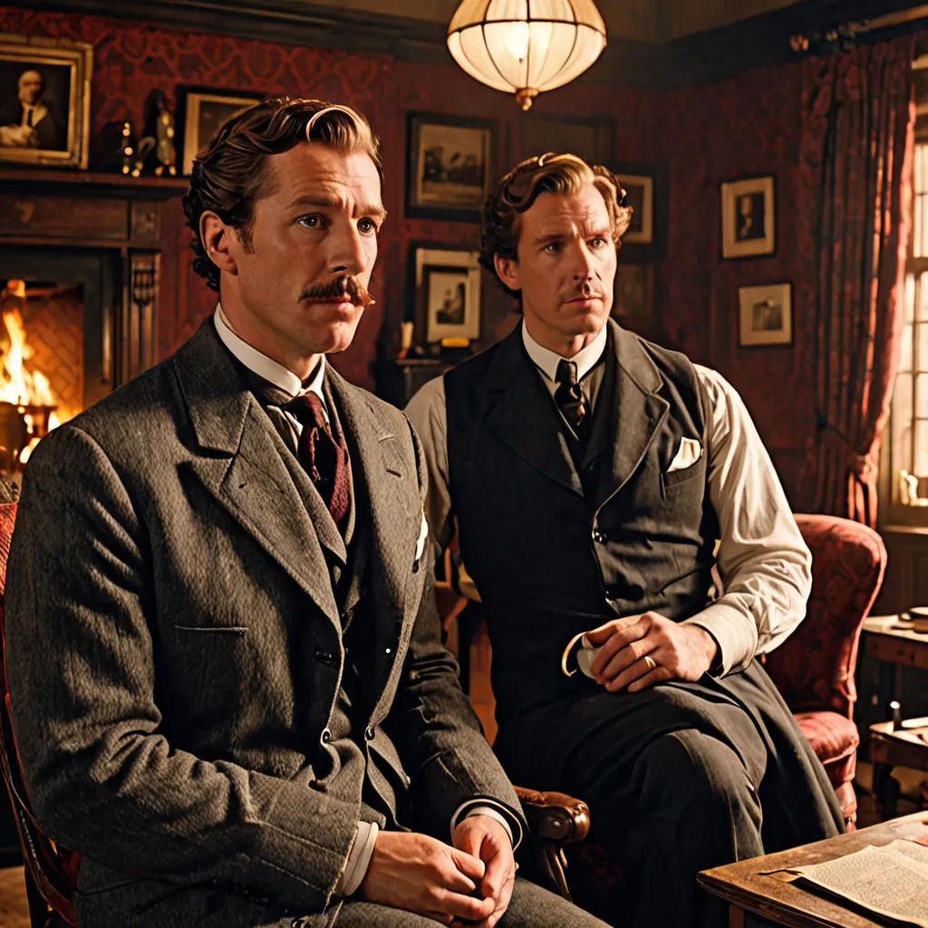 two men in suits sitting in a room with a fireplace and a lamp on the wall behind them, one of them is smoking a pipe, arts and crafts movement, a renaissance painting, Bourgeois, vfx