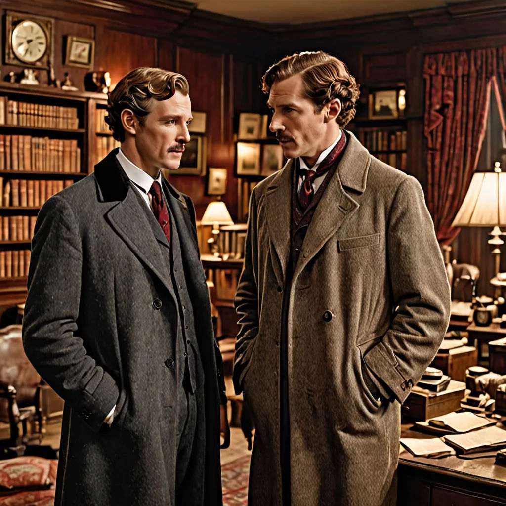 two men in coats standing in a library with a desk and bookshelf in the background and a clock on the wall, arts and crafts movement, a poster, Augustus Dunbier, promotional image
