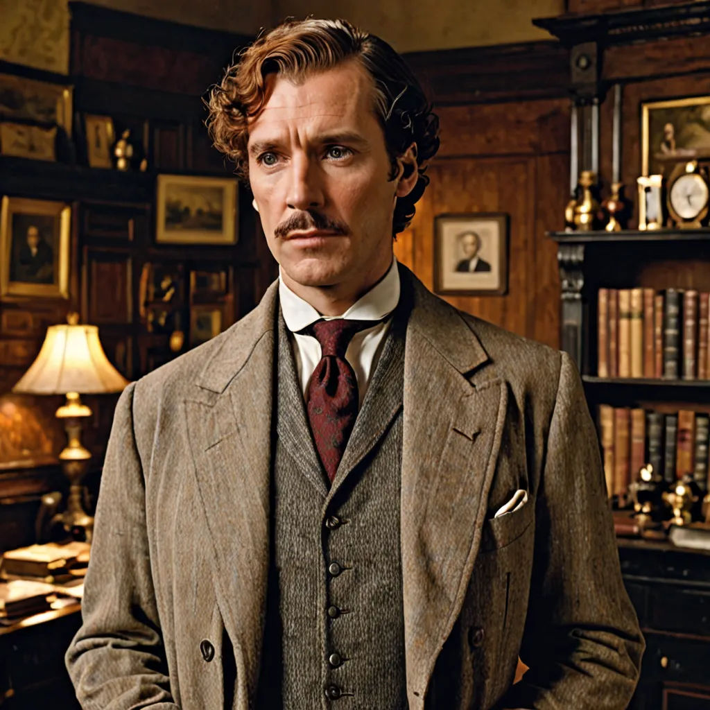 a man in a suit and tie standing in a room with a desk and bookshelves on the wall, arts and crafts movement, a colorized photo, Felix Octavius Carr Darley, pre - raphaelite