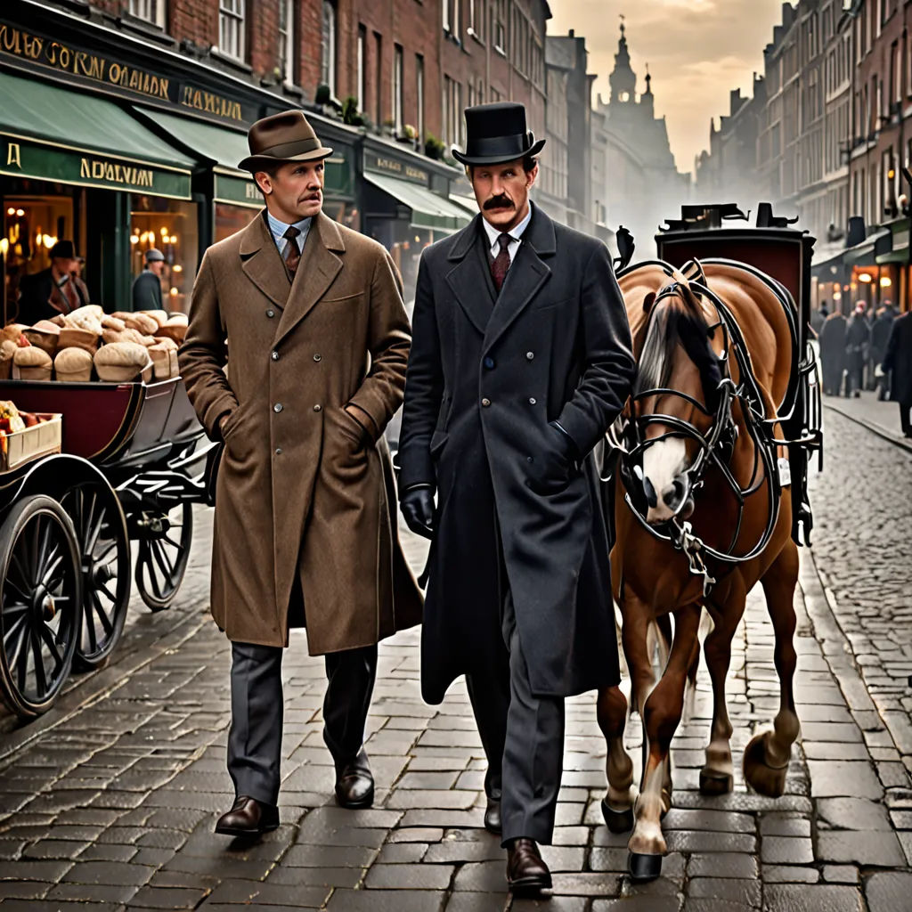 two men walking down a street with a horse and carriage behind them, and a cart with bread on the street, arts and crafts movement, a poster, Derek Hill, promotional image
