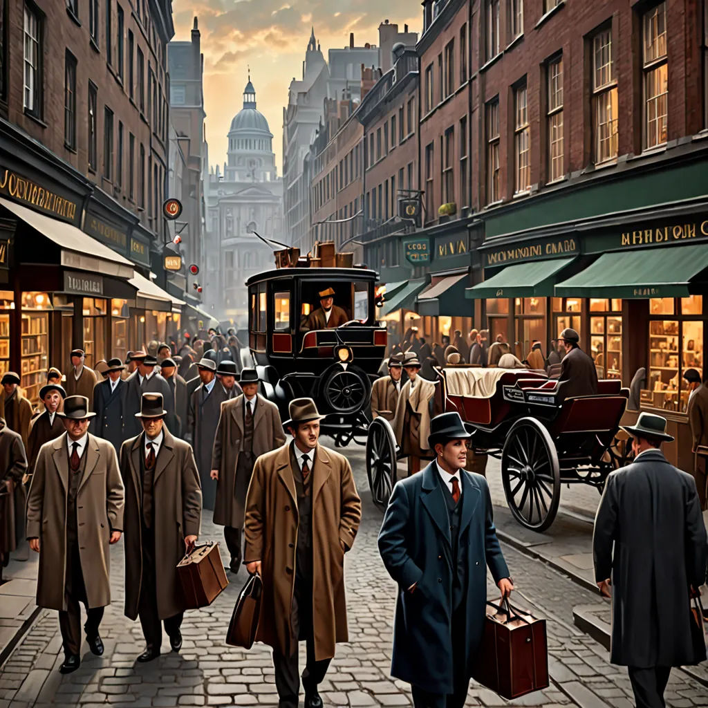 a painting of a city street with a group of men walking down the street in coats and hats, carrying luggage, arts and crafts movement, a detailed matte painting, Evgeny Lushpin, matte painting