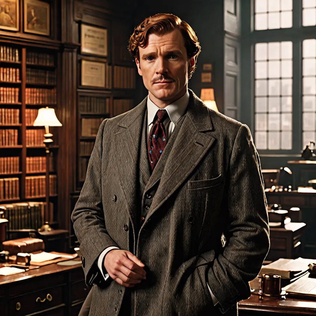 a man in a suit standing in a library with a desk and bookshelves behind him and a lamp on the side, arts and crafts movement, a character portrait, Andrew Bell, promotional image
