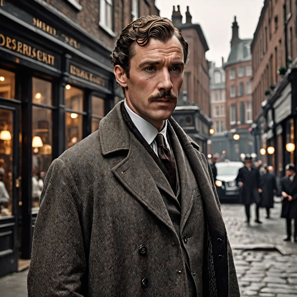 a man in a coat and tie standing on a street corner in front of a storefront with a moustache, arts and crafts movement, a character portrait, Edmund Greacen, promotional image