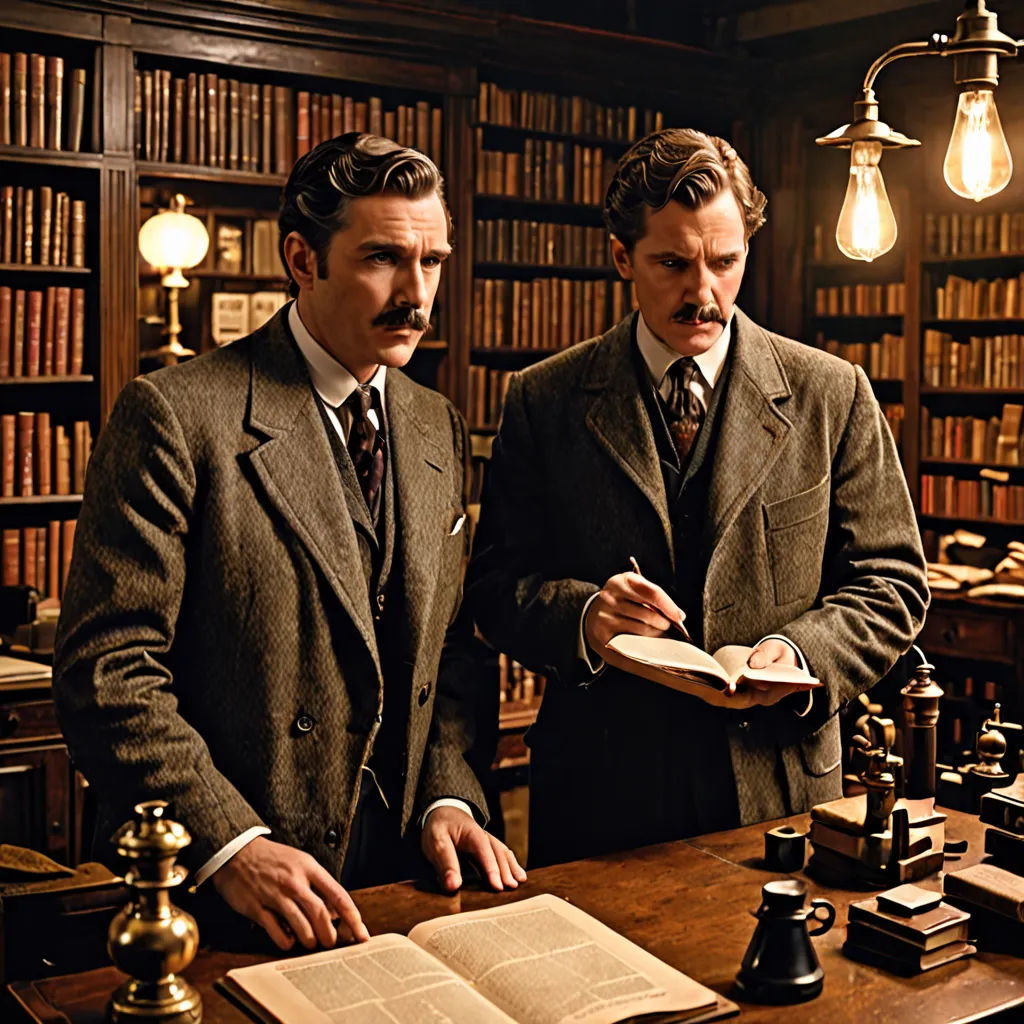 two men in suits standing in front of a bookcase in a library with a book open on a desk, arts and crafts movement, a colorized photo, Cristache Gheorghiu, promotional image
