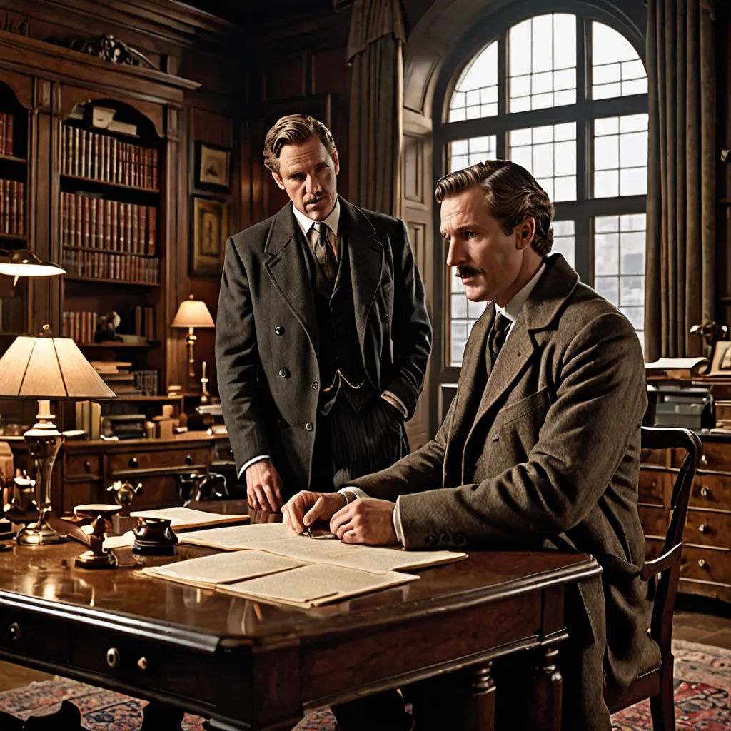 two men in suits are sitting at a desk in a library with a book open and a lamp on, arts and crafts movement, a colorized photo, Edmund Greacen, promotional image