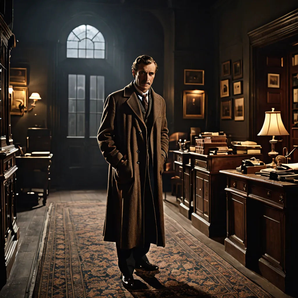 a man in a coat and tie standing in a room with a desk and a lamp on it and a large window, arts and crafts movement, a poster, Eugene Montgomery, promotional image