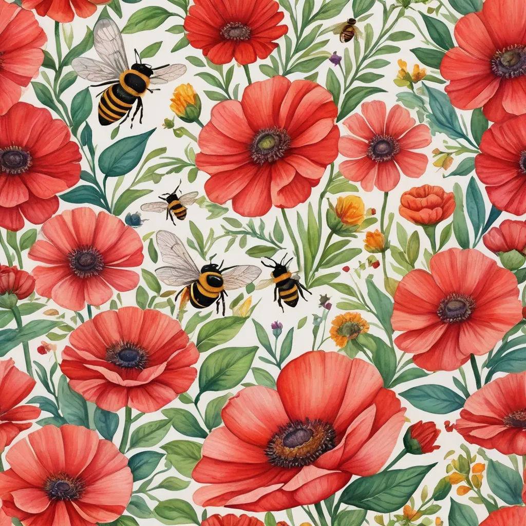 a painting of red flowers and bees on a white background with green leaves and flowers on the bottom of the image, arts and crafts movement, a detailed painting, Annabel Kidston, flowers